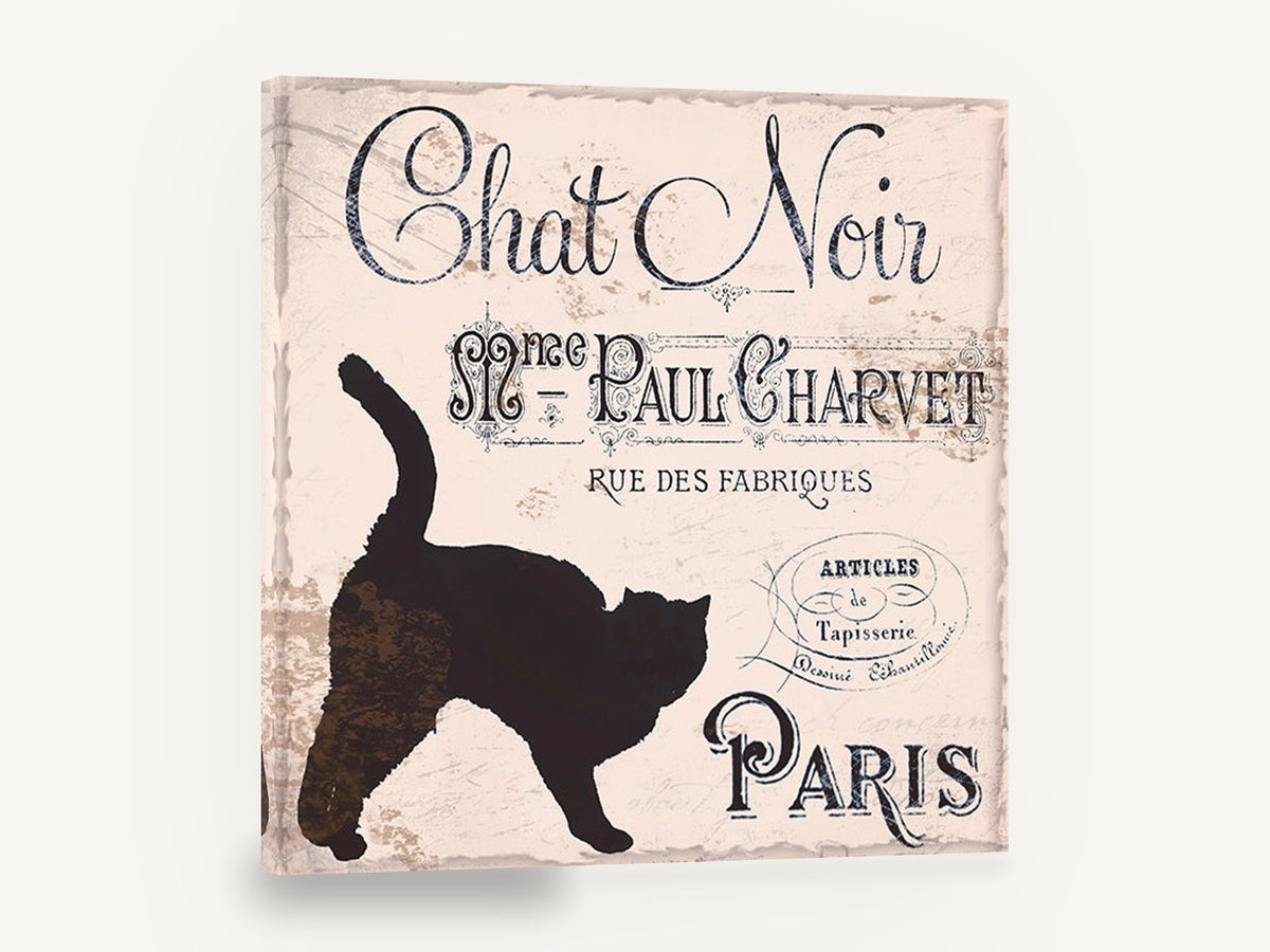 Chat Noir Paris Sign, vintage french black cat typography, animal canvas wall art print ready to hang