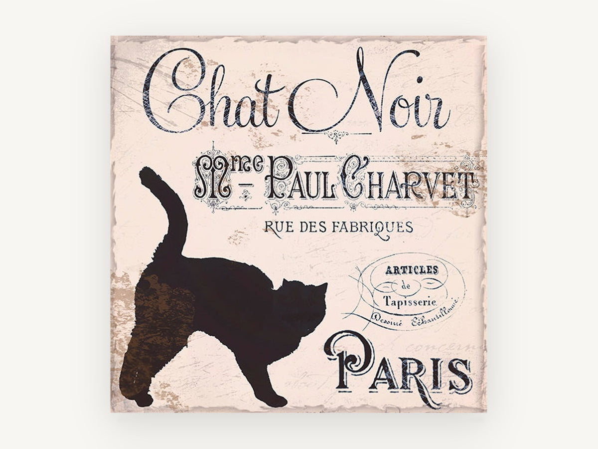 Chat Noir Paris Sign, vintage french black cat typography, animal canvas wall art print, front view