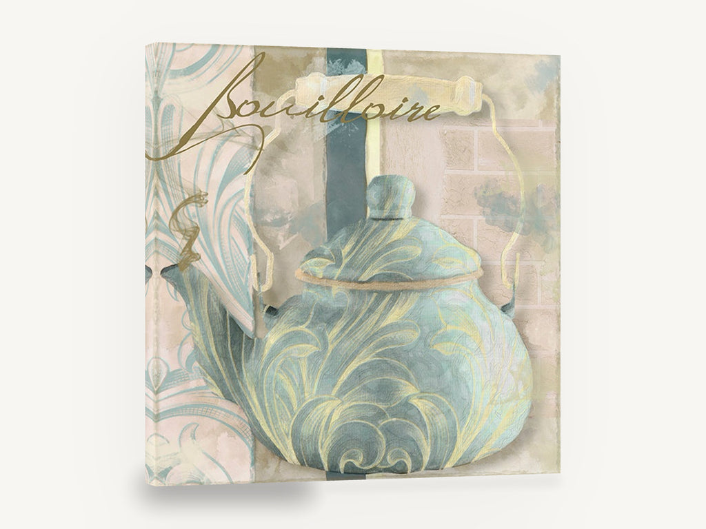Blue Kettle Bouilloire, teal kettle bouilloire kitchen still life, kitchen canvas wall art print ready to hang