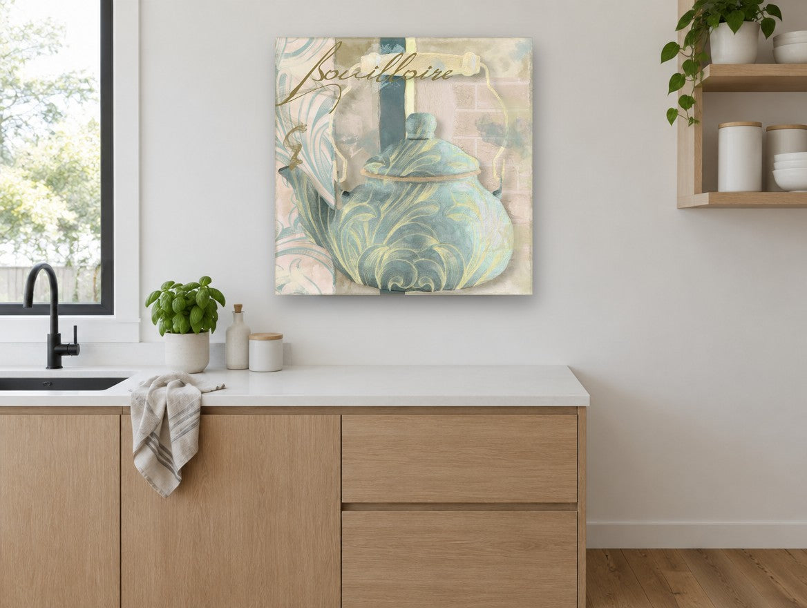 Blue Kettle Bouilloire kitchen canvas print on the wall of a kitchen