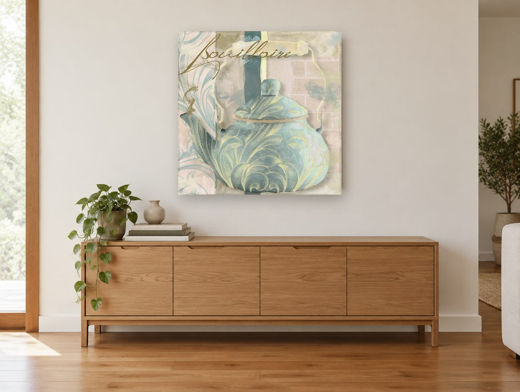 Blue Kettle Bouilloire kitchen canvas print on the wall of a living room above a sideboard