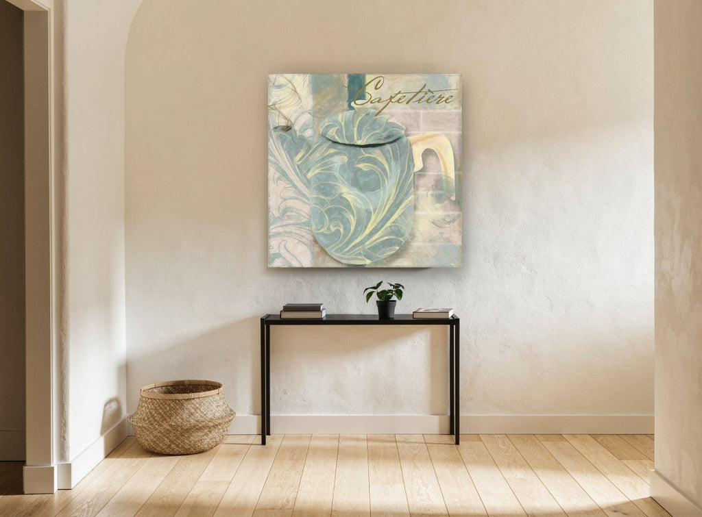 Blue Swirl Cafetière kitchen canvas print on the wall of a hallway