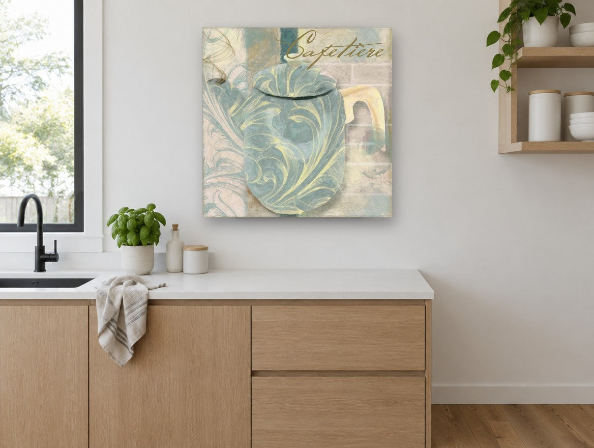 Blue Swirl Cafetière kitchen canvas print on the wall of a kitchen
