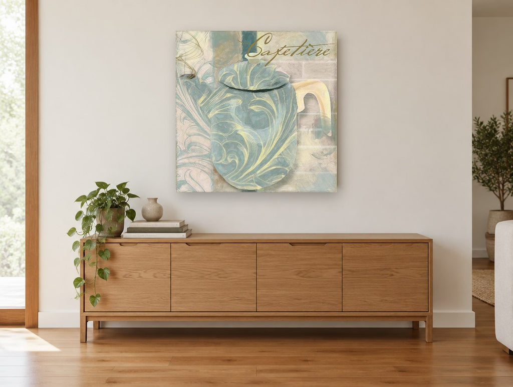 Blue Swirl Cafetière kitchen canvas print on the wall of a living room above a sideboard