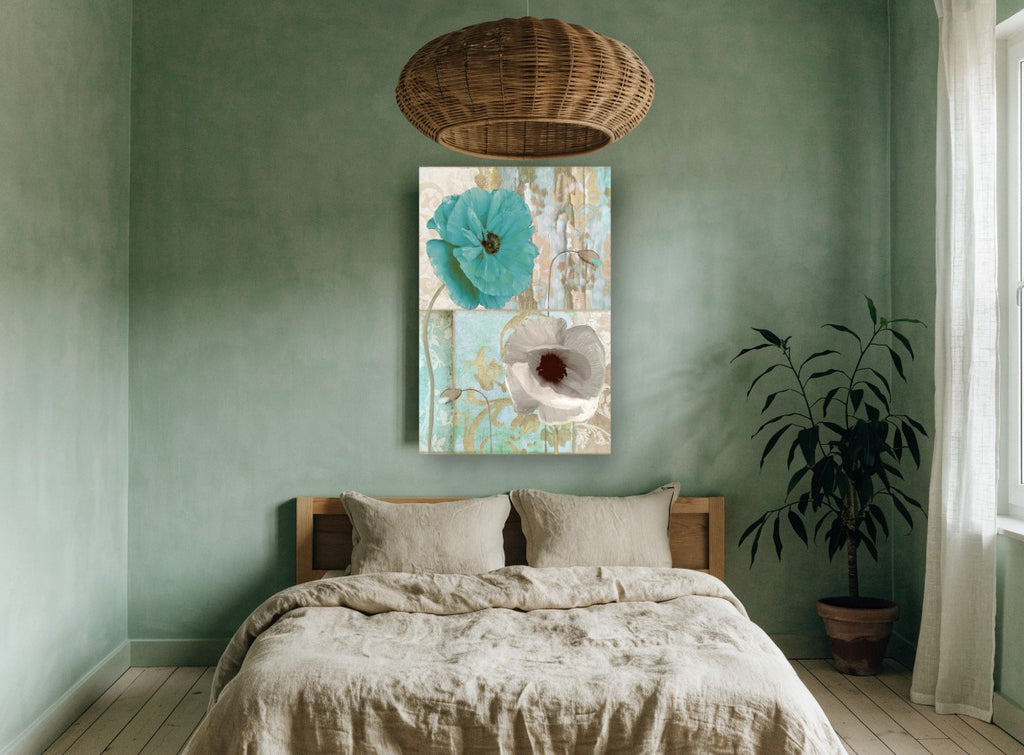 Teal and White Poppies floral canvas print on the wall of a bedroom