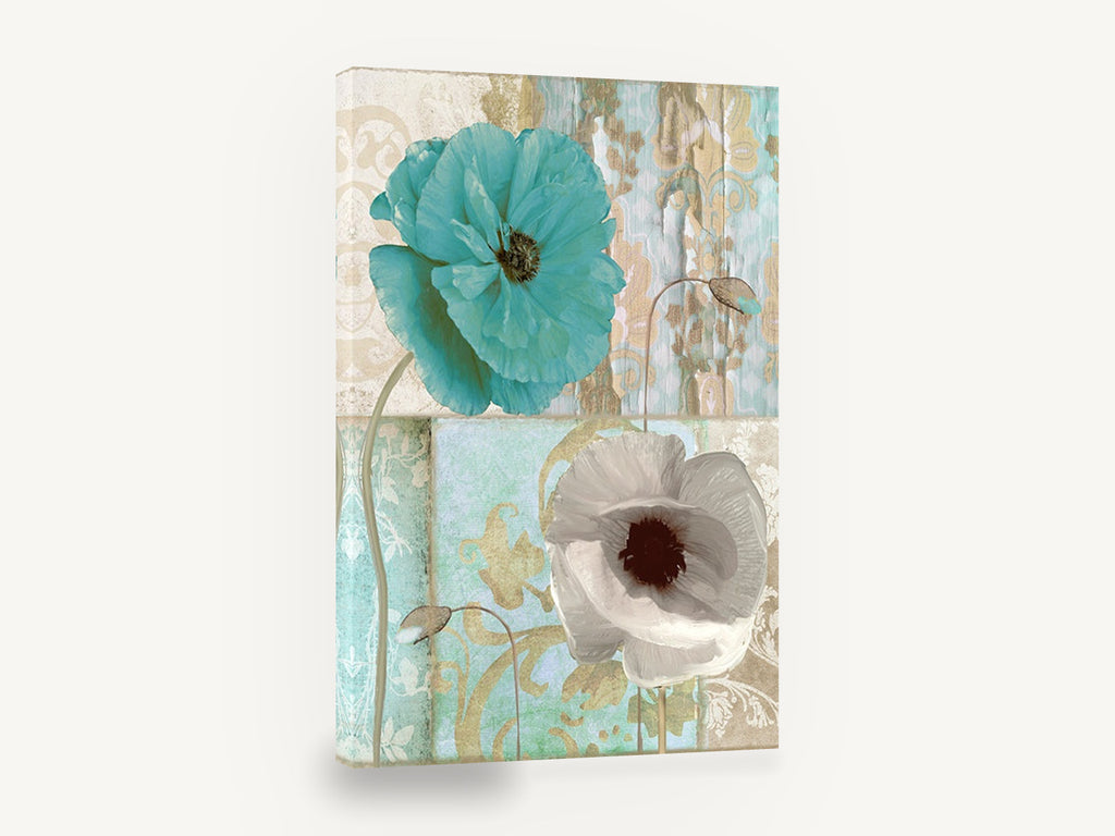 Teal and White Poppies, teal and white poppy damask floral, floral canvas wall art print ready to hang