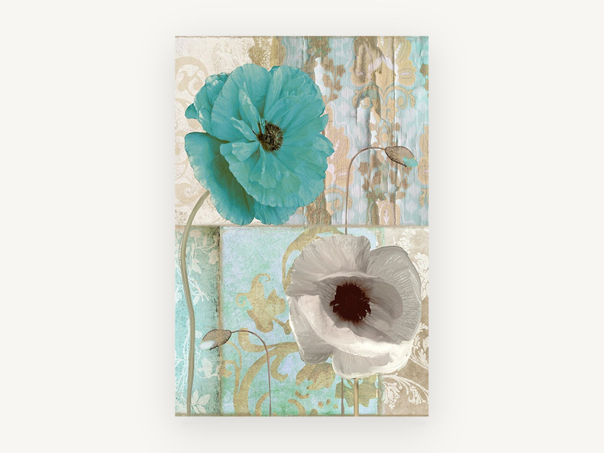 Teal and White Poppies, floral canvas wall art print, front view
