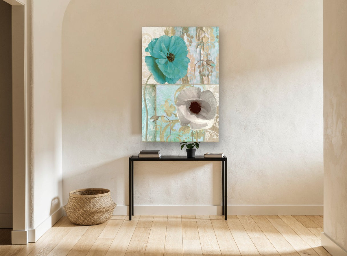 Teal and White Poppies floral canvas print on the wall of a hallway