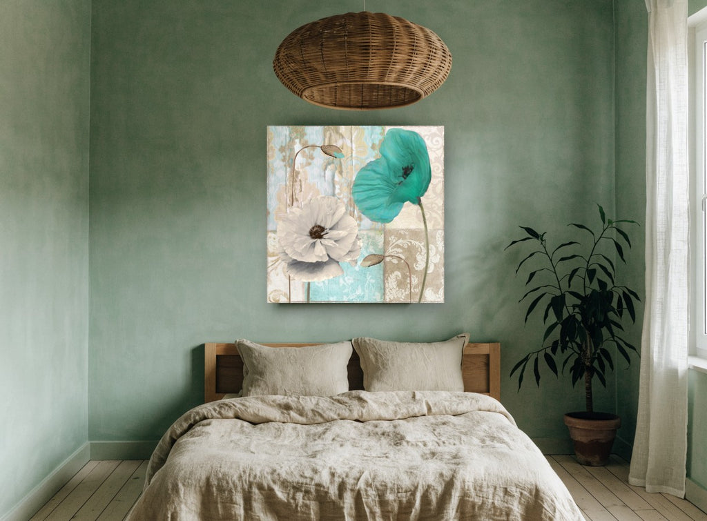 Teal and Cream Poppies floral canvas print on the wall of a bedroom