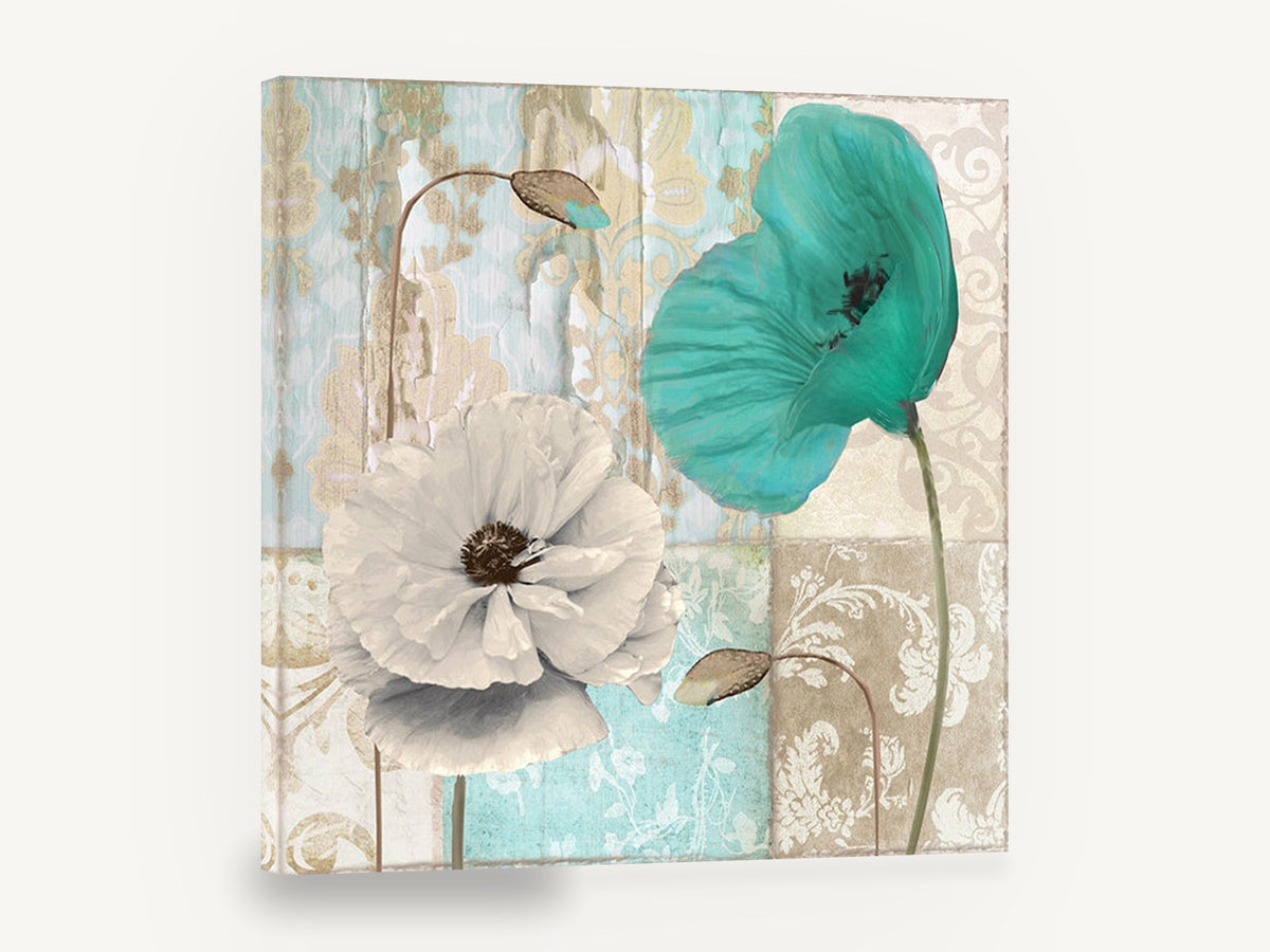 Teal and Cream Poppies, teal and cream poppy damask floral, floral canvas wall art print ready to hang