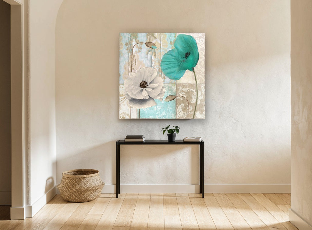 Teal and Cream Poppies floral canvas print on the wall of a hallway