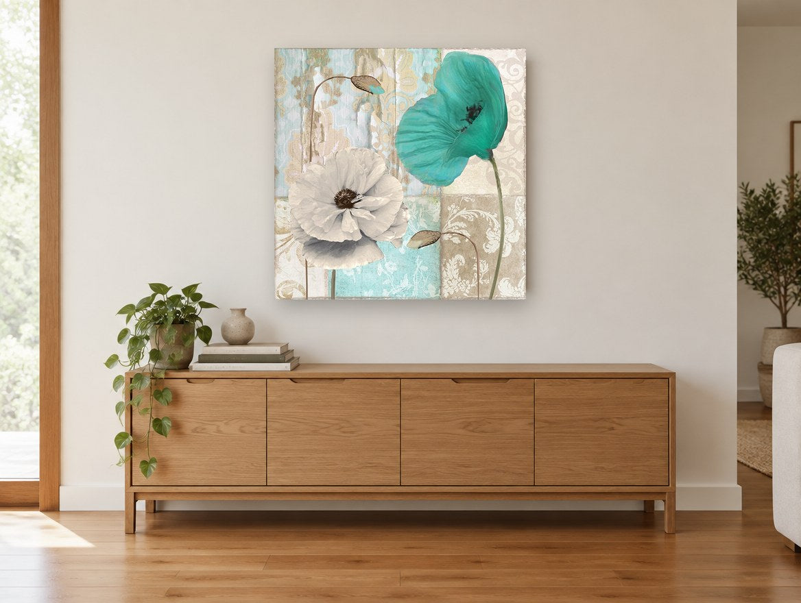 Teal and Cream Poppies floral canvas print on the wall of a living room above a sideboard