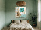 Teal and Tan Poppies floral canvas print on the wall of a bedroom
