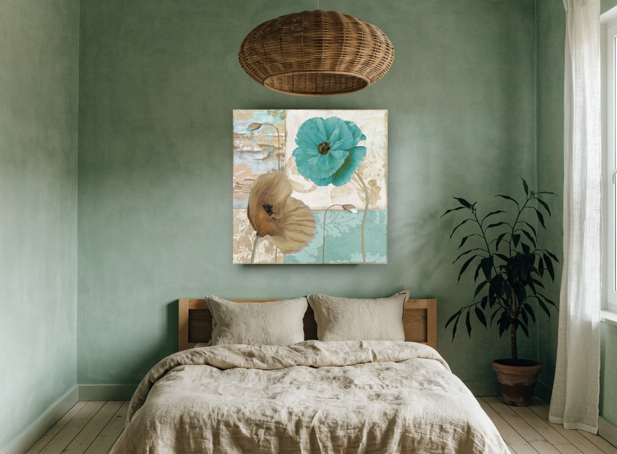 Teal and Tan Poppies floral canvas print on the wall of a bedroom