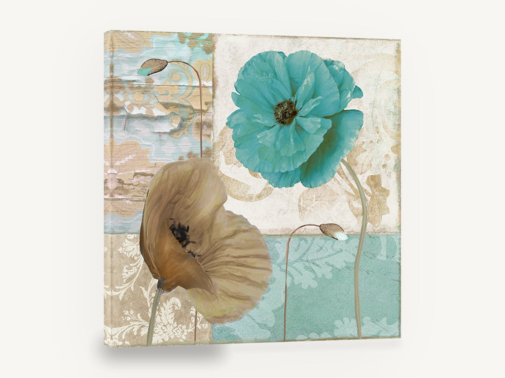 Teal and Tan Poppies, teal and tan poppies damask floral, floral canvas wall art print ready to hang