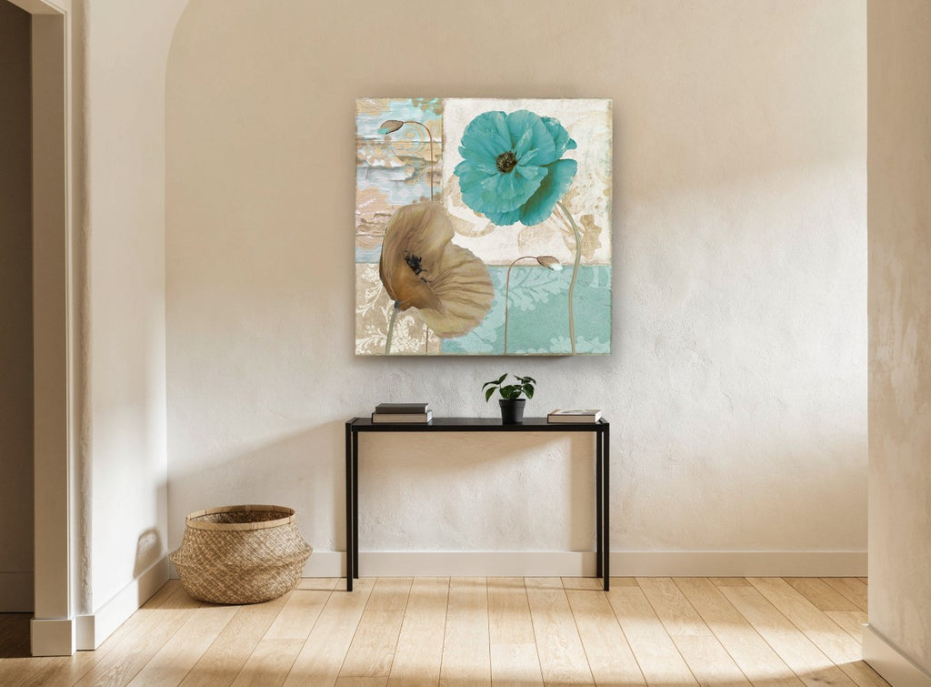 Teal and Tan Poppies floral canvas print on the wall of a hallway