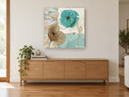 Teal and Tan Poppies floral canvas print on the wall of a living room above a sideboard