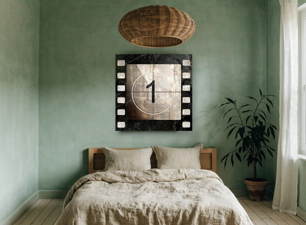 Film Leader Number One vintage canvas print on the wall of a bedroom