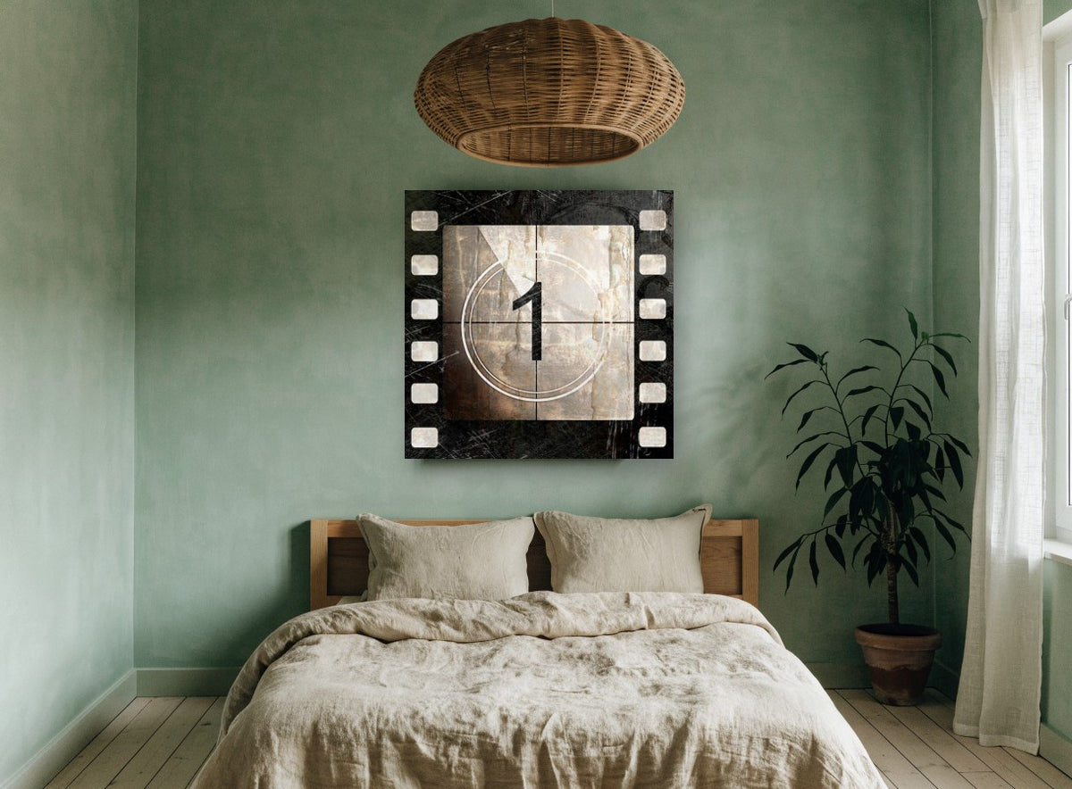 Film Leader Number One vintage canvas print on the wall of a bedroom