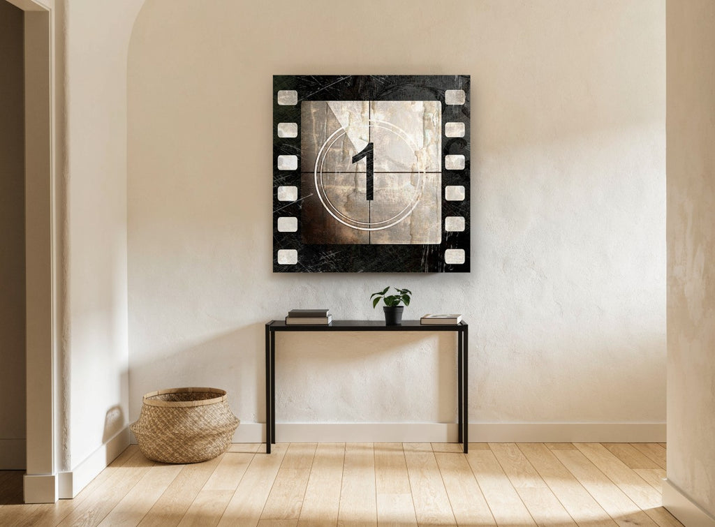 Film Leader Number One vintage canvas print on the wall of a hallway