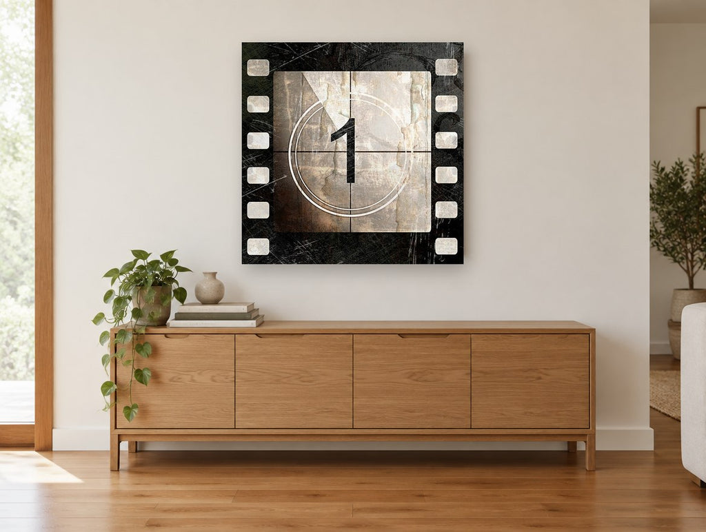 Film Leader Number One vintage canvas print on the wall of a living room above a sideboard