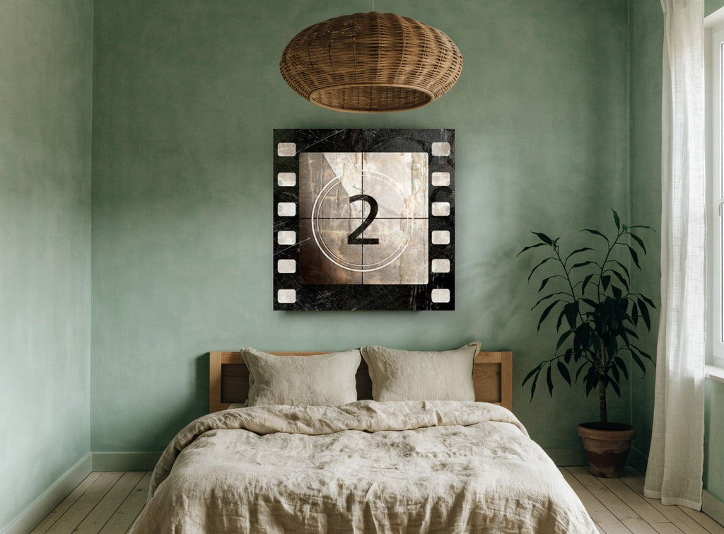 Film Leader Number Two vintage canvas print on the wall of a bedroom