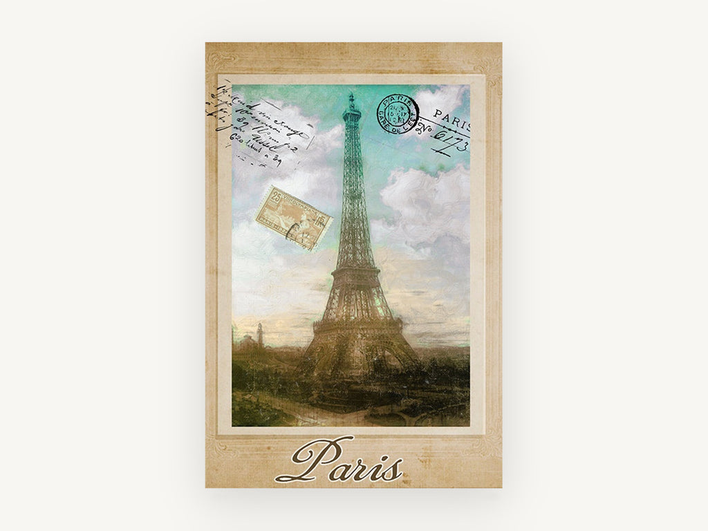 Paris Postcard Tower, vintage eiffel tower paris postcard, city canvas wall art print, front view
