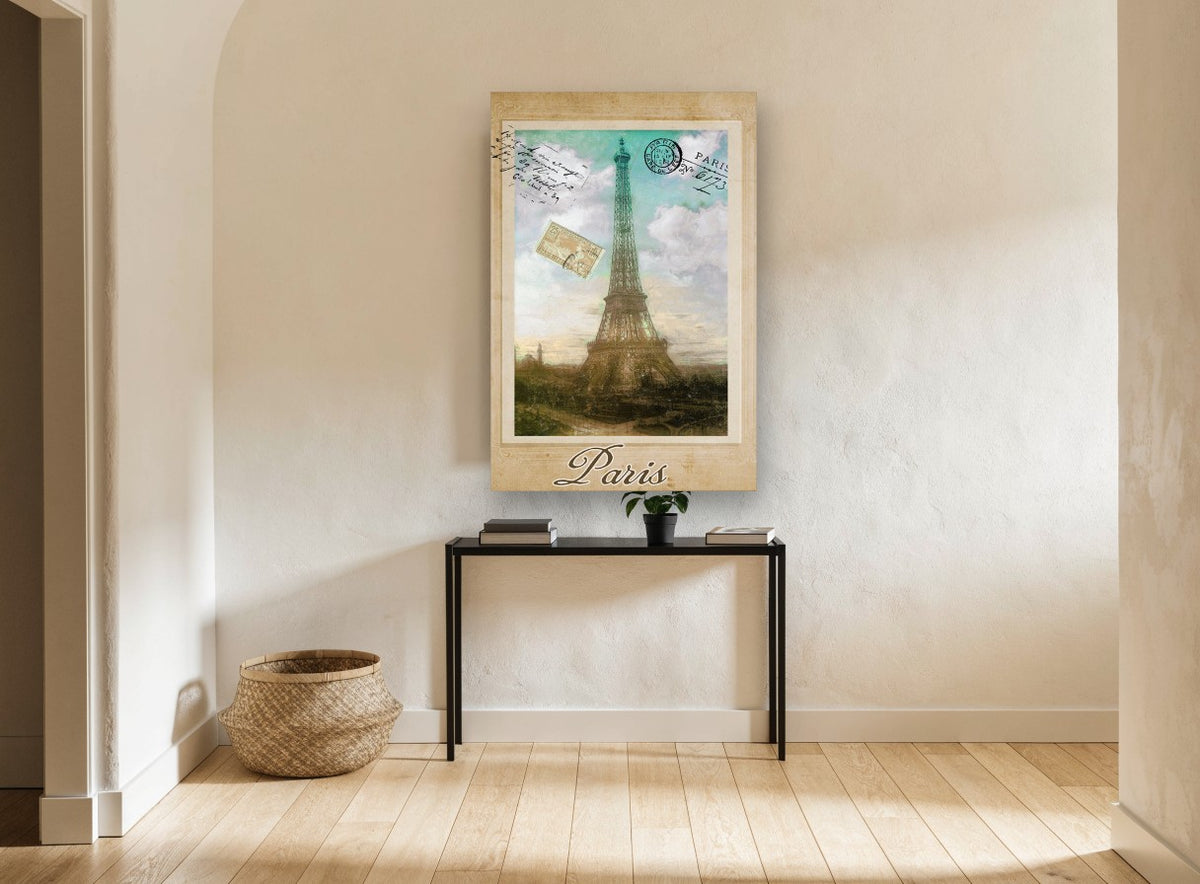 Paris Postcard Tower city canvas print on the wall of a hallway