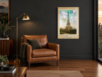 Paris Postcard Tower city canvas print on the wall of a charcoal living room