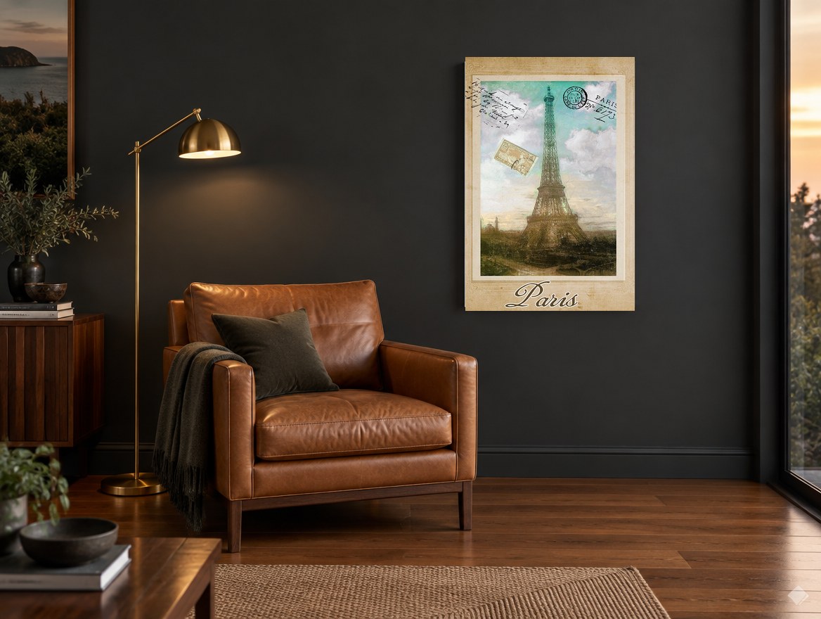 Paris Postcard Tower city canvas print on the wall of a charcoal living room