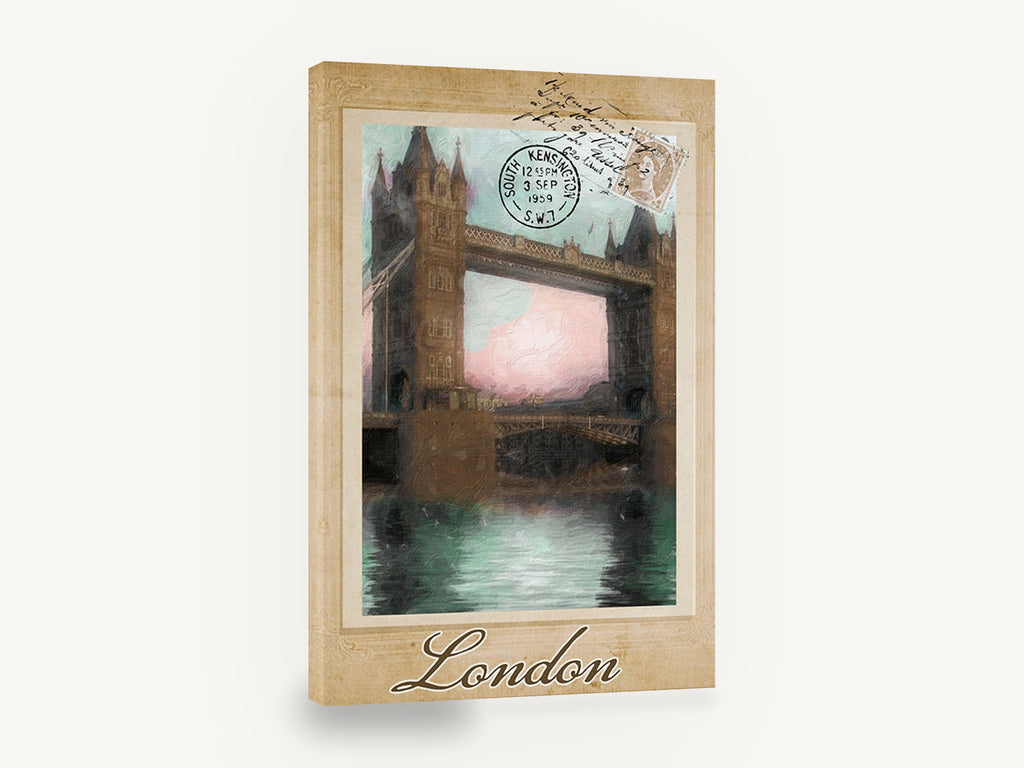 London Postcard Bridge, tower bridge london vintage postcard, city canvas wall art print ready to hang