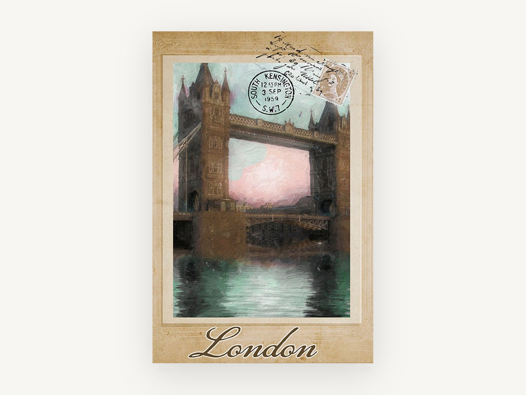 London Postcard Bridge, tower bridge london vintage postcard, city canvas wall art print, front view