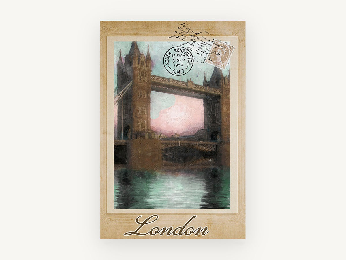 London Postcard Bridge, tower bridge london vintage postcard, city canvas wall art print, front view
