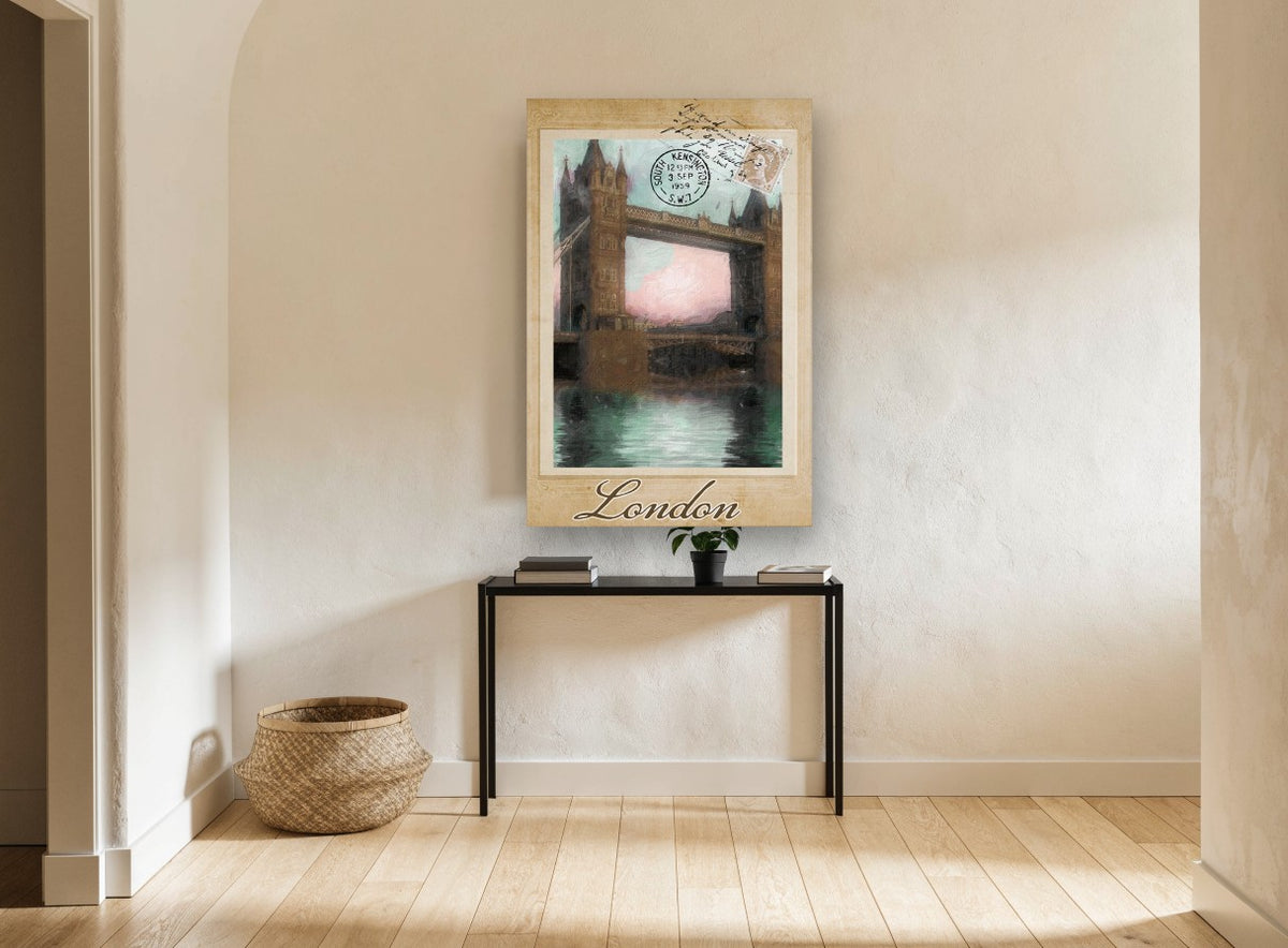 London Postcard Bridge city canvas print on the wall of a hallway