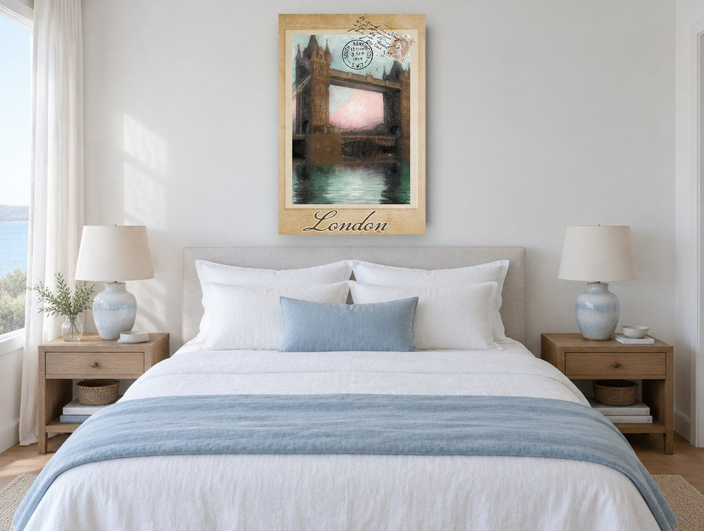 London Postcard Bridge city canvas print on the wall of a bedroom