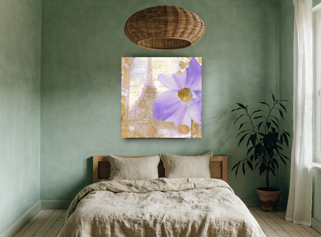 Lilac Bloom Over Paris floral canvas print on the wall of a bedroom