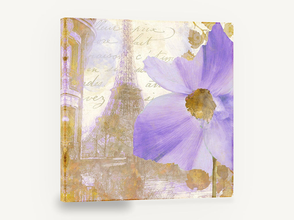 Lilac Bloom Over Paris, purple flower eiffel tower paris, floral canvas wall art print ready to hang
