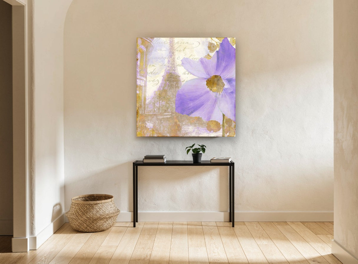 Lilac Bloom Over Paris floral canvas print on the wall of a hallway