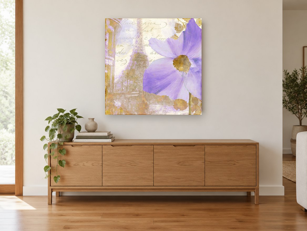 Lilac Bloom Over Paris floral canvas print on the wall of a living room above a sideboard