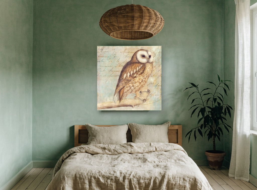 Letter Script Owl animal canvas print on the wall of a bedroom