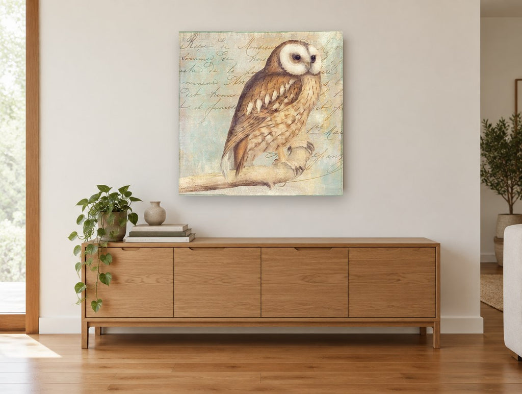 Letter Script Owl animal canvas print on the wall of a living room above a sideboard