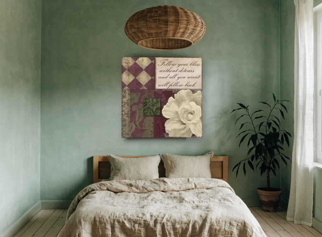 Bliss Rose Damask floral canvas print on the wall of a bedroom