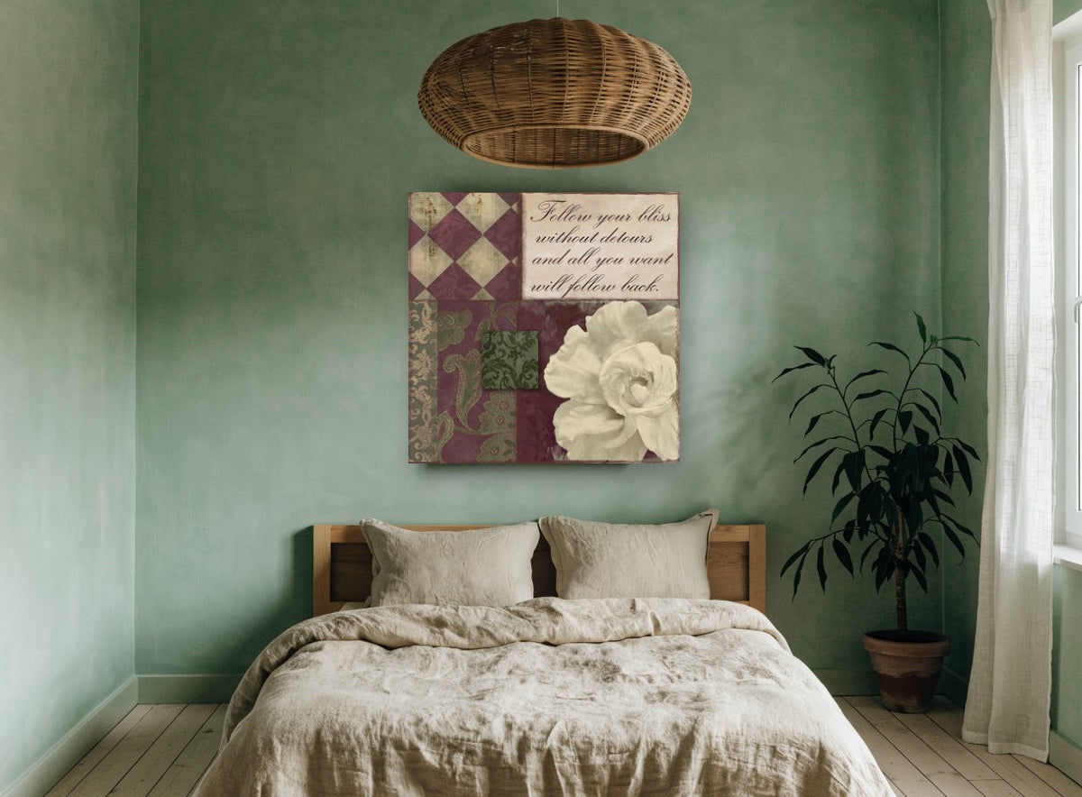 Bliss Rose Damask floral canvas print on the wall of a bedroom