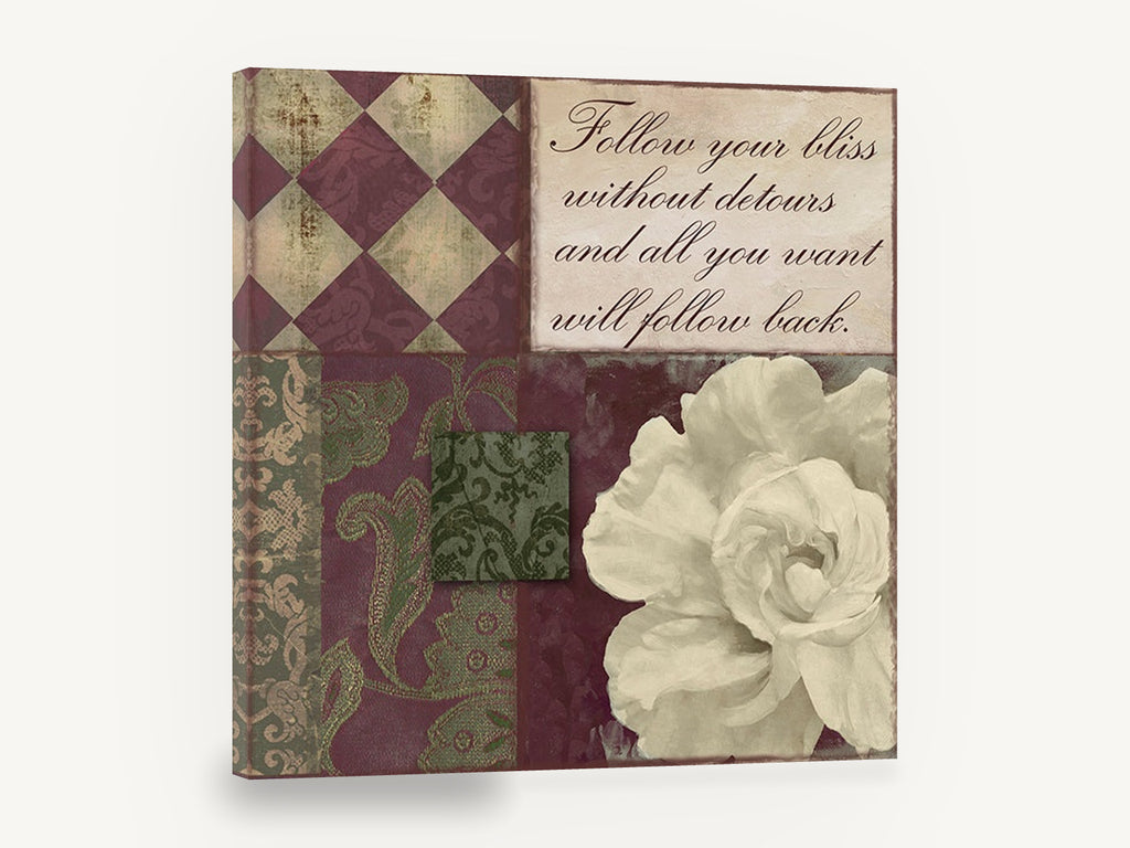 Bliss Rose Damask, follow your bliss quote cream rose, floral canvas wall art print ready to hang