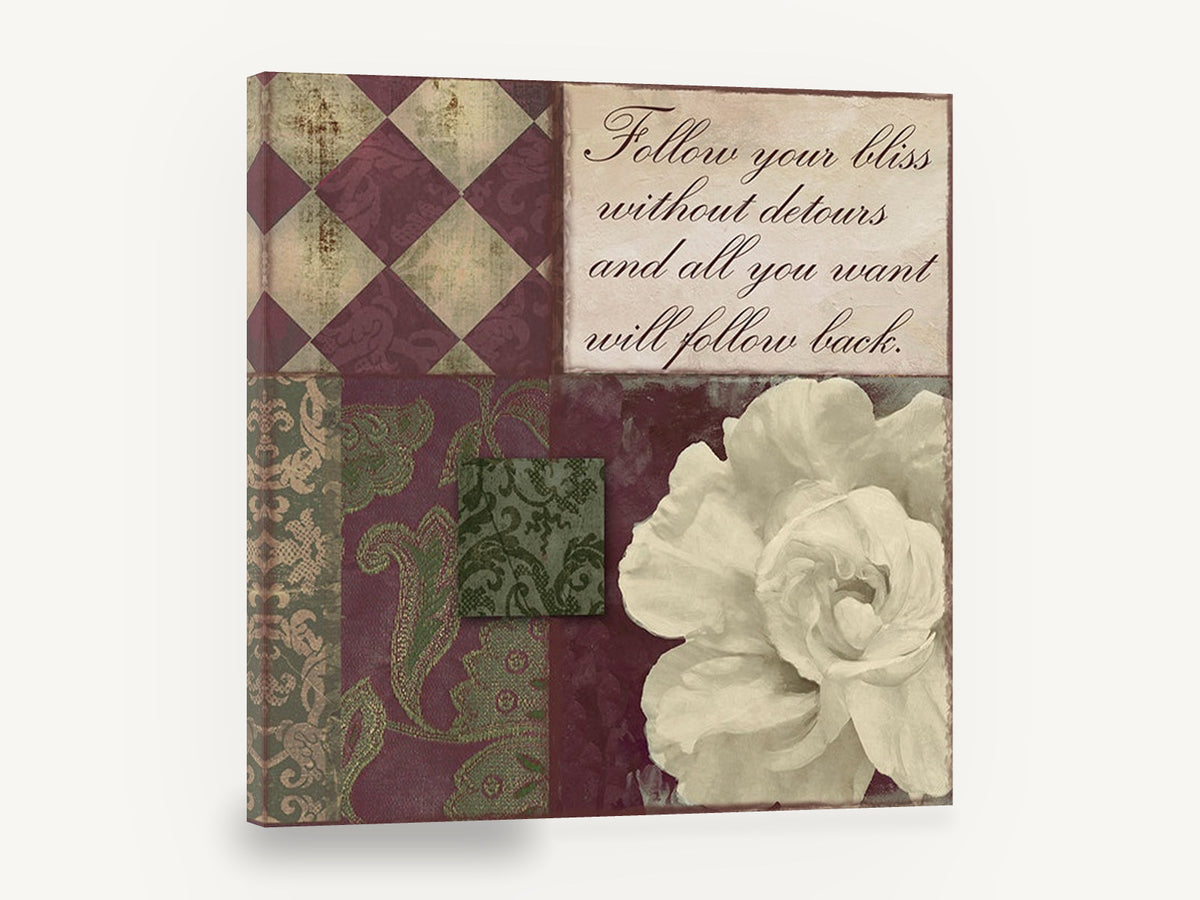 Bliss Rose Damask, follow your bliss quote cream rose, floral canvas wall art print ready to hang