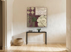 Bliss Rose Damask floral canvas print on the wall of a hallway