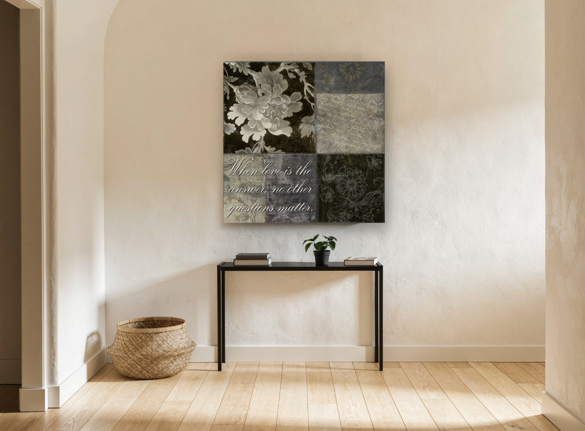 Love Is The Answer Patchwork floral canvas print on the wall of a hallway
