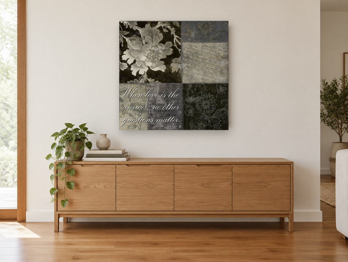 Love Is The Answer Patchwork floral canvas print on the wall of a living room above a sideboard