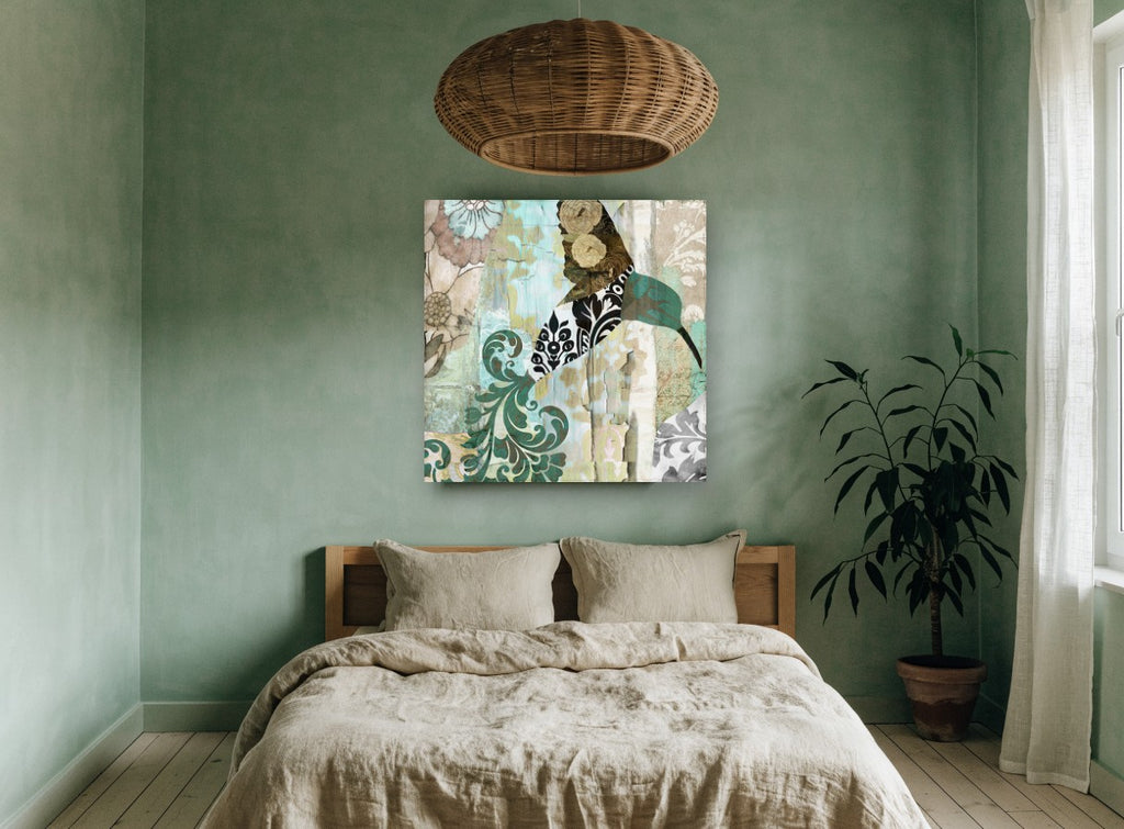 Patchwork Hummingbird Damask floral canvas print on the wall of a bedroom