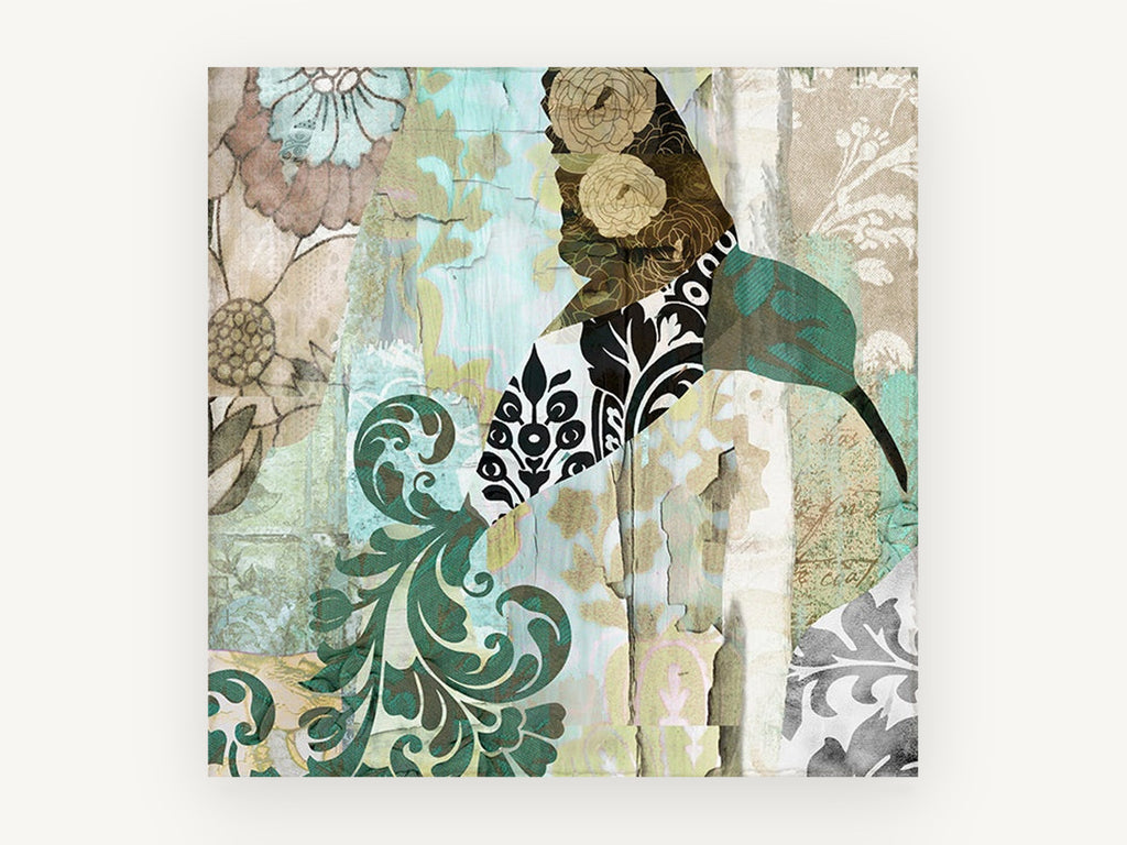 Patchwork Hummingbird Damask, floral canvas wall art print, front view